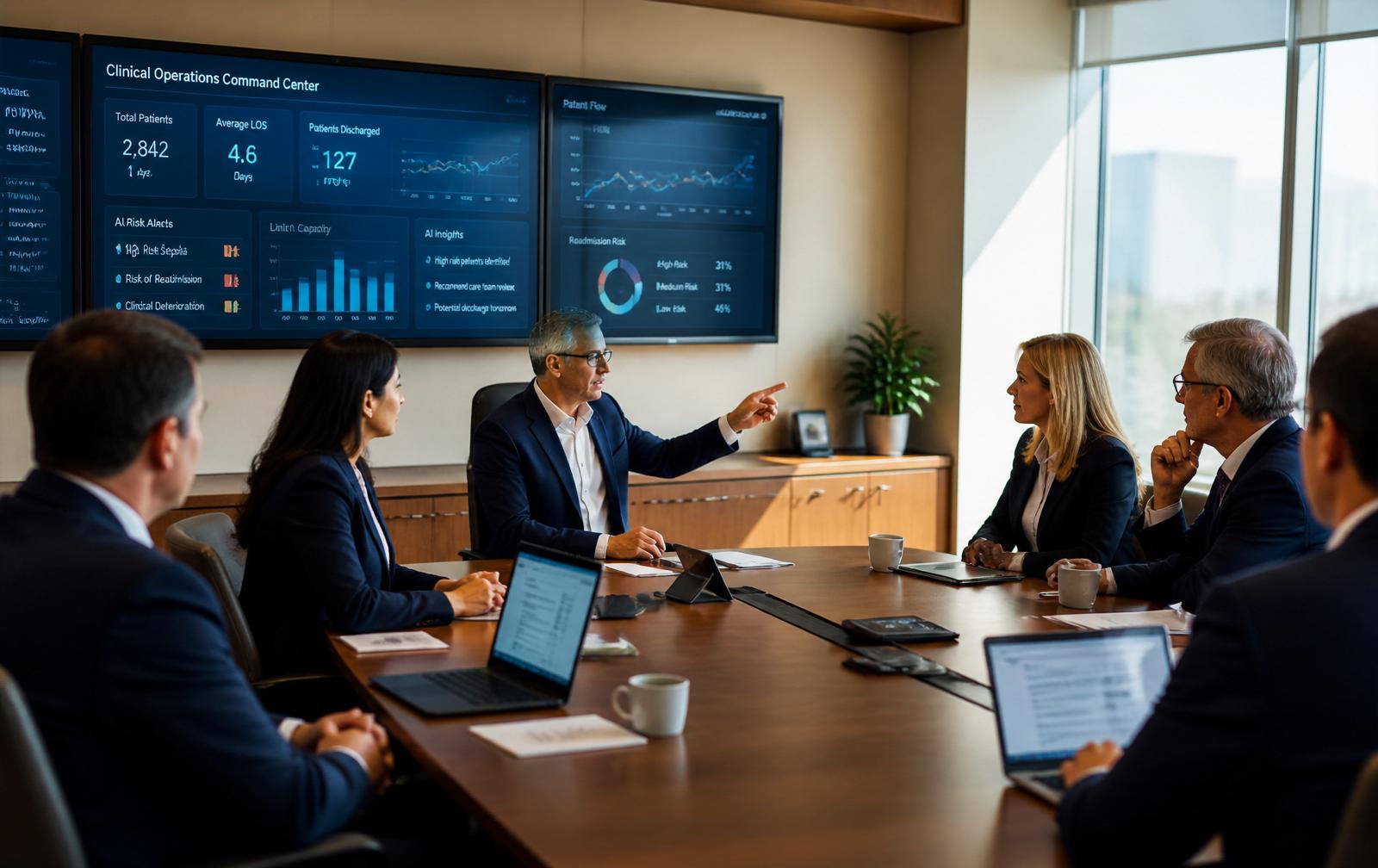 Health system leadership reviewing AI-enabled clinical dashboards