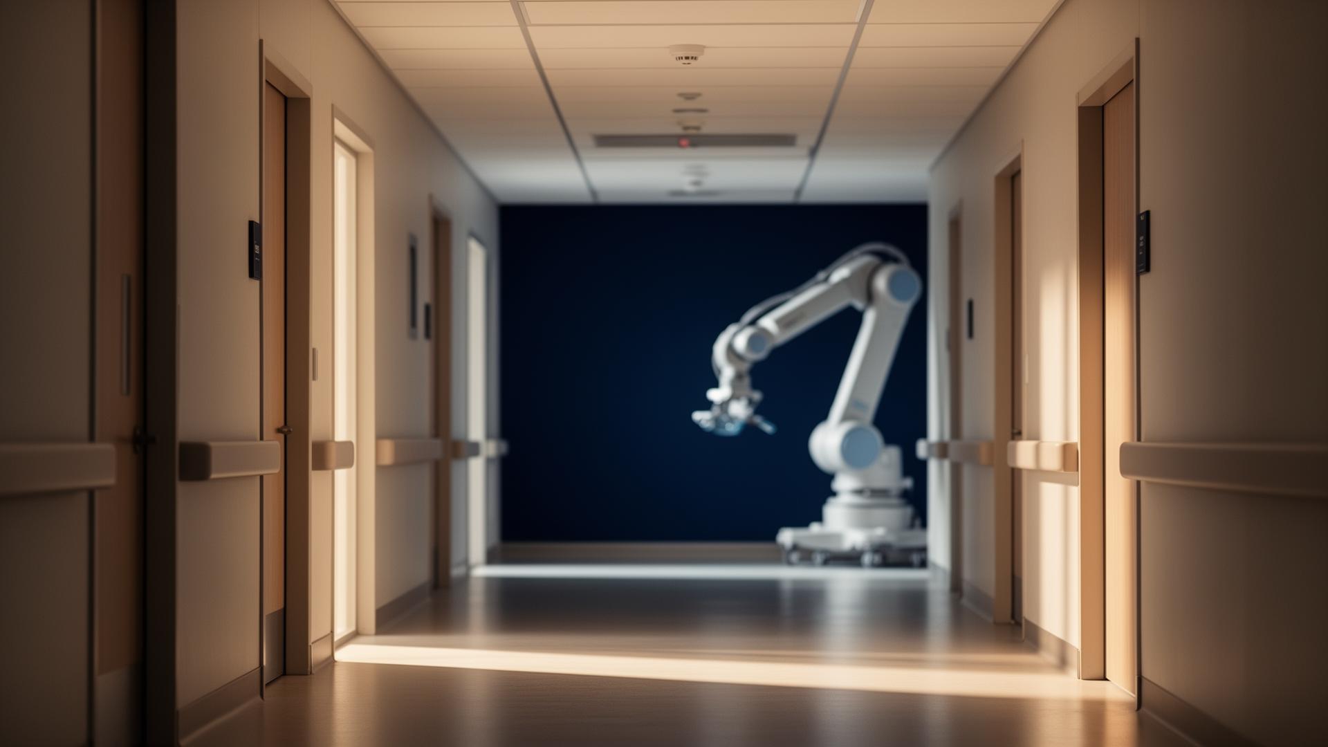 Modern hospital corridor with a surgical robot